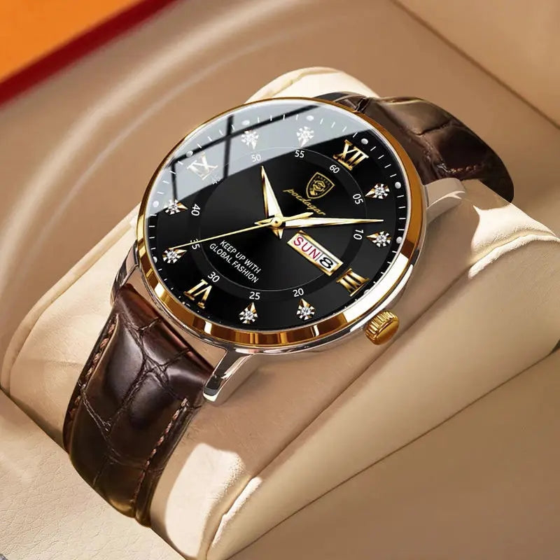 The Poedagar 836 Leather Day & Date Watch-Classic Sophistication