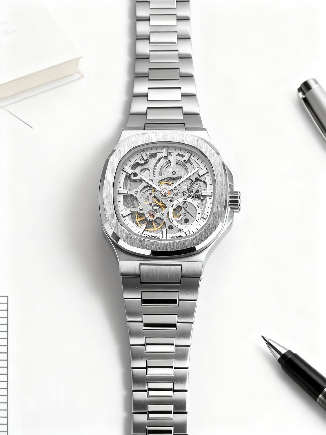 FORSINING Original Kenya .Skeleton Mechanical Watch, Octagonal Case, Automatic Self-Winding Movement, Independent Seconds Dial, Luminous Hands, Men's Luxury Wristwatch