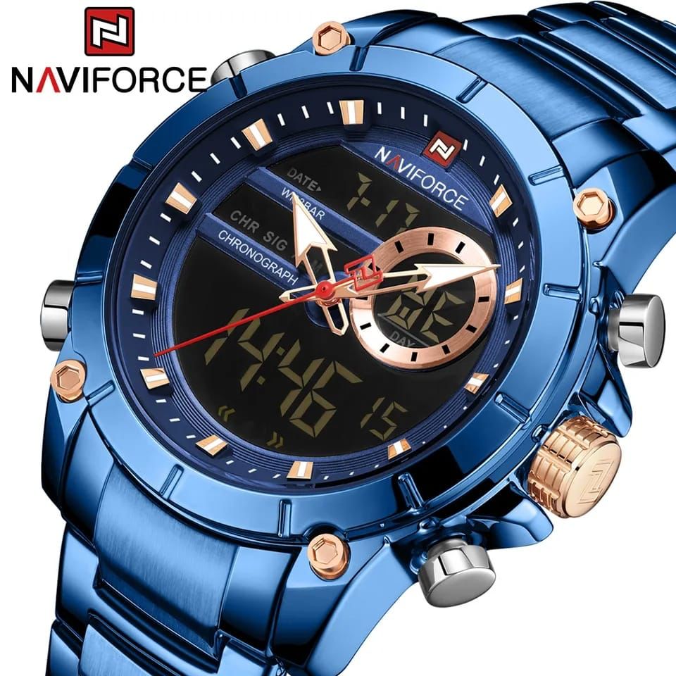 NAVIFORCE Men Military Sport Wrist Watch Gold Quartz Steel Waterproof Dual Display Male Clock Watches Relogio Masculino 9163
