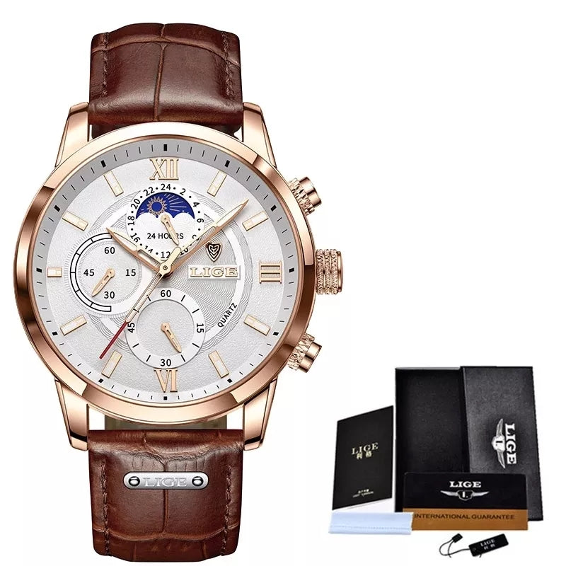 LIGE Men Watches 2022 New Fashion Leather Waterproof Luminous Top Brand Luxury Mens Quartz Wristwatch