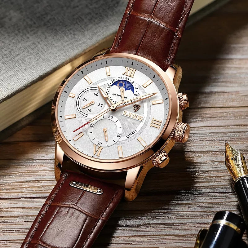 LIGE Men Watches 2022 New Fashion Leather Waterproof Luminous Top Brand Luxury Mens Quartz Wristwatch
