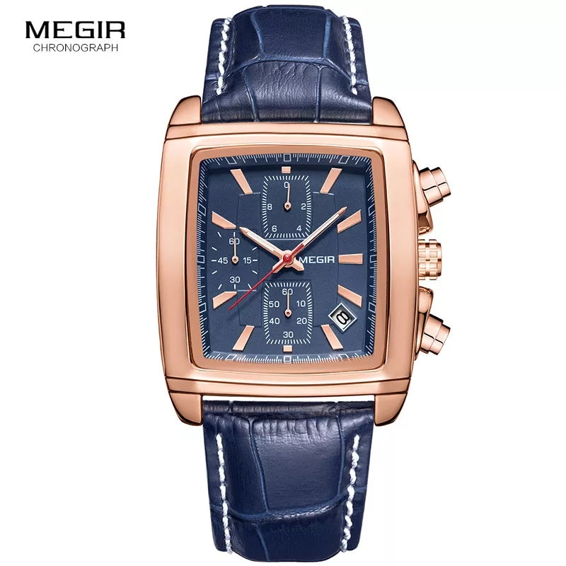 MEGIR Men Watch Top Brand Luxury Rectangle Quartz Military Watches Waterproof Luminous Leather Chronograph Wristwatch Men Clock