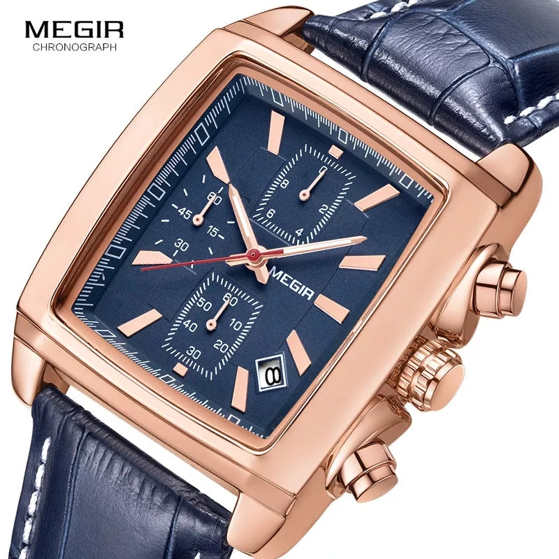 MEGIR Men Watch Top Brand Luxury Rectangle Quartz Military Watches Waterproof Luminous Leather Chronograph Wristwatch Men Clock