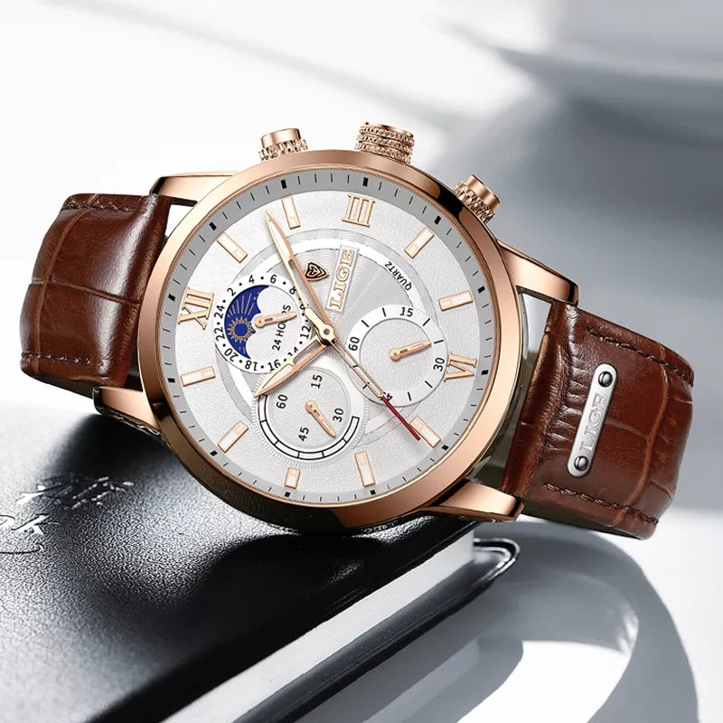 LIGE Men Watches 2022 New Fashion Leather Waterproof Luminous Top Brand Luxury Mens Quartz Wristwatch