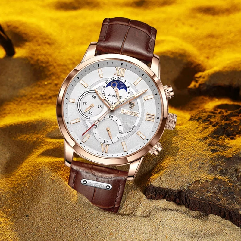 LIGE Men Watches 2022 New Fashion Leather Waterproof Luminous Top Brand Luxury Mens Quartz Wristwatch