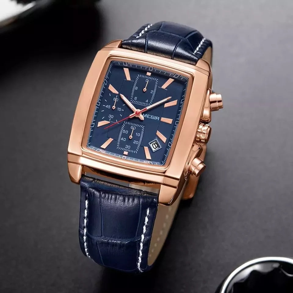 MEGIR Men Watch Top Brand Luxury Rectangle Quartz Military Watches Waterproof Luminous Leather Chronograph Wristwatch Men Clock