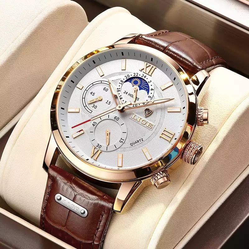 LIGE Men Watches 2022 New Fashion Leather Waterproof Luminous Top Brand Luxury Men's Quartz Wristwatch