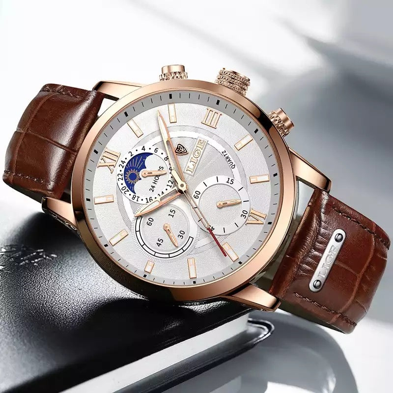 LIGE Men Watches 2022 New Fashion Leather Waterproof Luminous Top Brand Luxury Men's Quartz Wristwatch