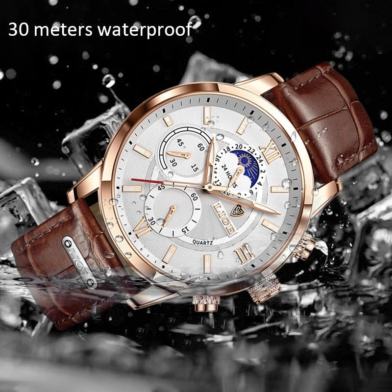 LIGE Men Watches 2022 New Fashion Leather Waterproof Luminous Top Brand Luxury Men's Quartz Wristwatch