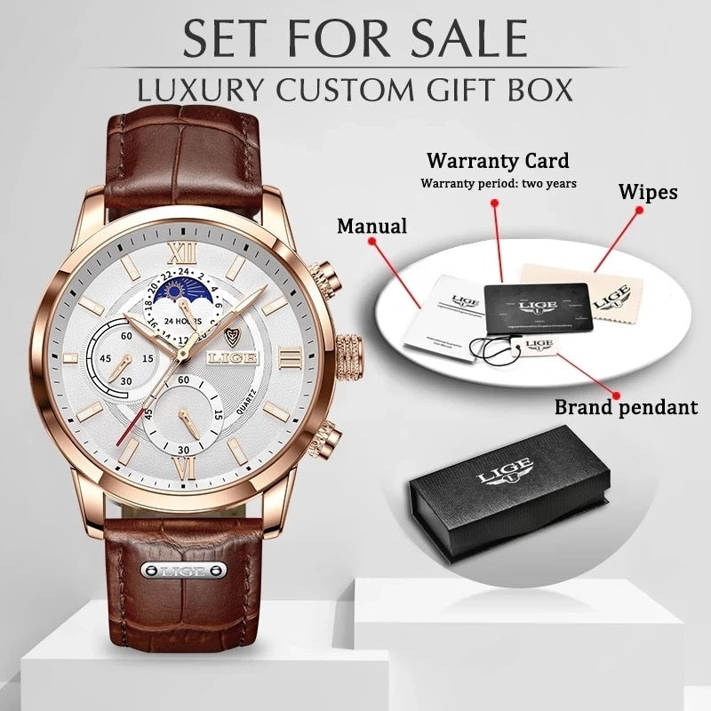 LIGE Men Watches 2022 New Fashion Leather Waterproof Luminous Top Brand Luxury Men's Quartz Wristwatch