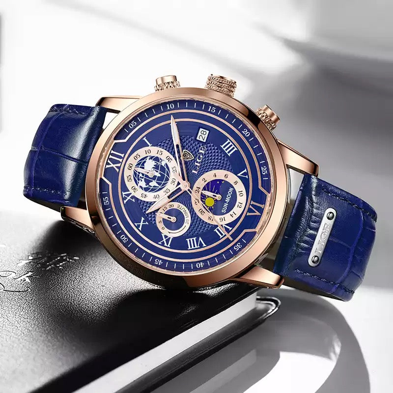 LIGE Men Watches 2022 New Fashion Leather Waterproof Luminous Wristwatch