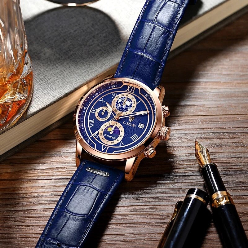 LIGE Men Watches 2022 New Fashion Leather Waterproof Luminous Wristwatch