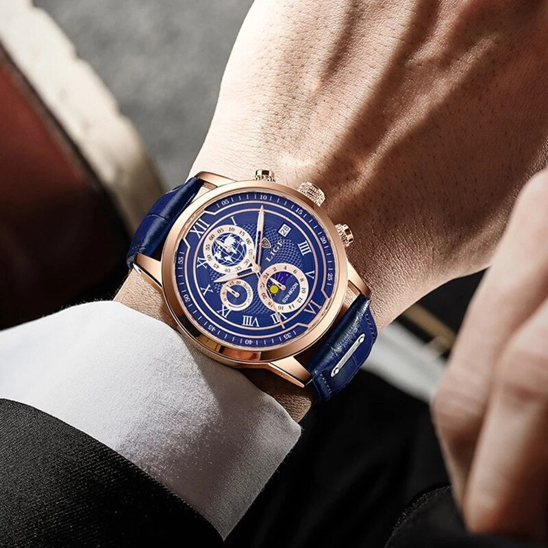 LIGE Men Watches 2022 New Fashion Leather Waterproof Luminous Wristwatch
