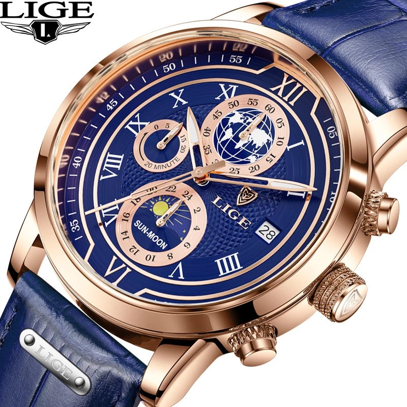 LIGE Men Watches 2022 New Fashion Leather Waterproof Luminous Wristwatch