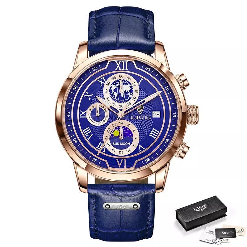 LIGE Men Watches 2022 New Fashion Leather Waterproof Luminous Wristwatch