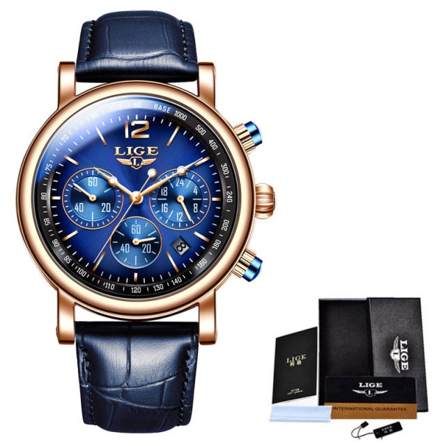 LIGE Top Brand Luxury Leather Waterproof Mens Quartz Wristwatch
