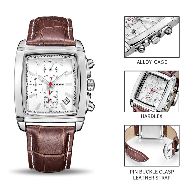MEGIR Men Watch Top Brand Luxury Rectangle Quartz Military Watches Waterproof Luminous Leather Chronograph Wristwatch Men Clock