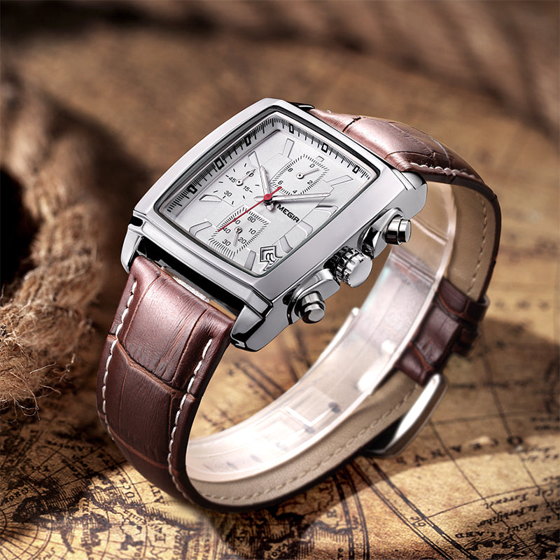 MEGIR Men Watch Top Brand Luxury Rectangle Quartz Military Watches Waterproof Luminous Leather Chronograph Wristwatch Men Clock