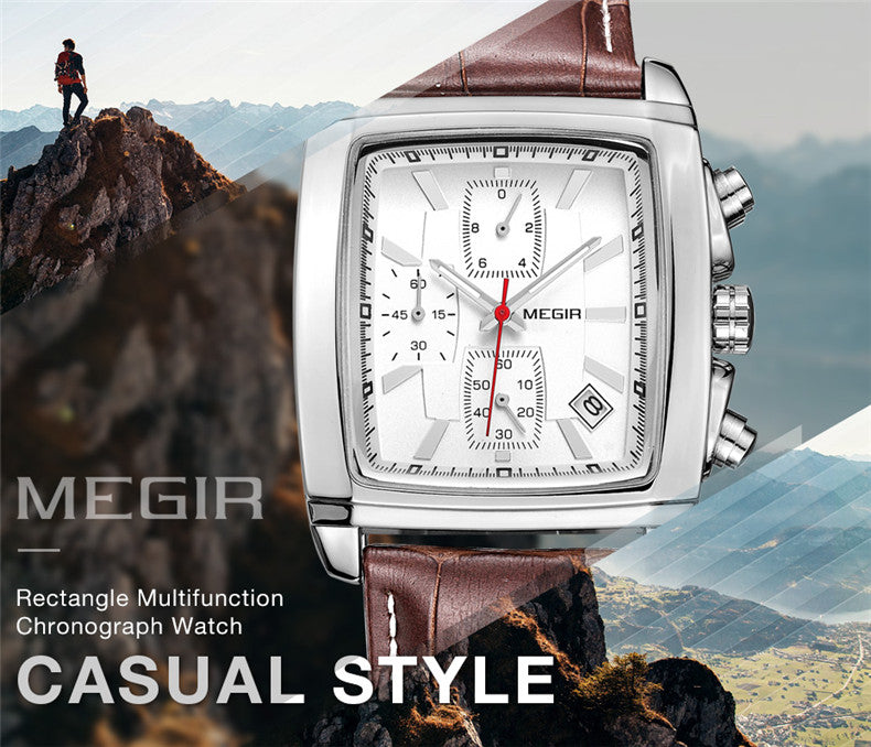MEGIR Men Watch Top Brand Luxury Rectangle Quartz Military Watches Waterproof Luminous Leather Chronograph Wristwatch Men Clock