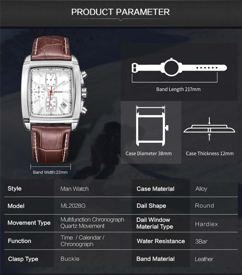 MEGIR Men Watch Top Brand Luxury Rectangle Quartz Military Watches Waterproof Luminous Leather Chronograph Wristwatch Men Clock