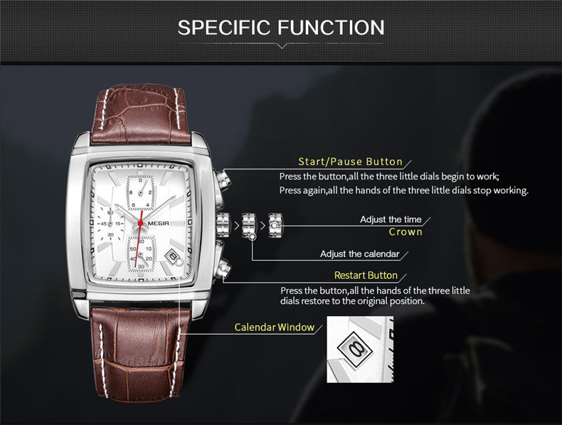 MEGIR Men Watch Top Brand Luxury Rectangle Quartz Military Watches Waterproof Luminous Leather Chronograph Wristwatch Men Clock