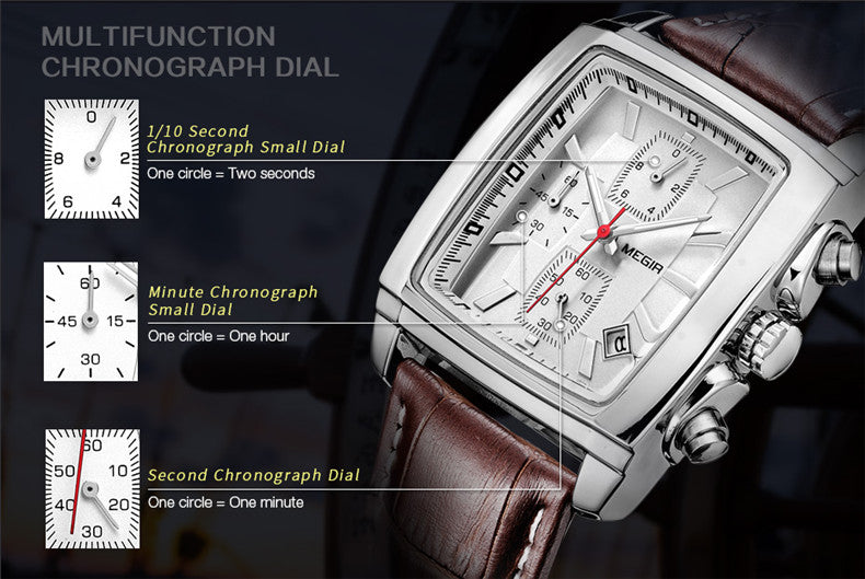 MEGIR Men Watch Top Brand Luxury Rectangle Quartz Military Watches Waterproof Luminous Leather Chronograph Wristwatch Men Clock