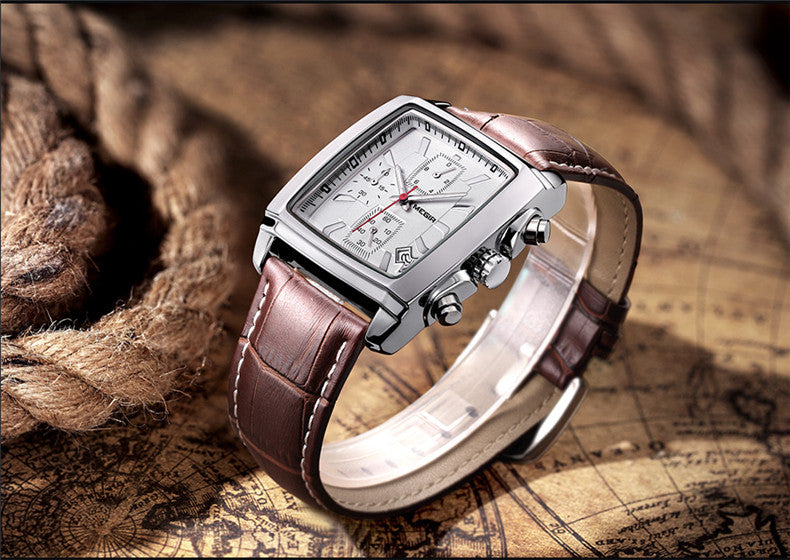 MEGIR Men Watch Top Brand Luxury Rectangle Quartz Military Watches Waterproof Luminous Leather Chronograph Wristwatch Men Clock