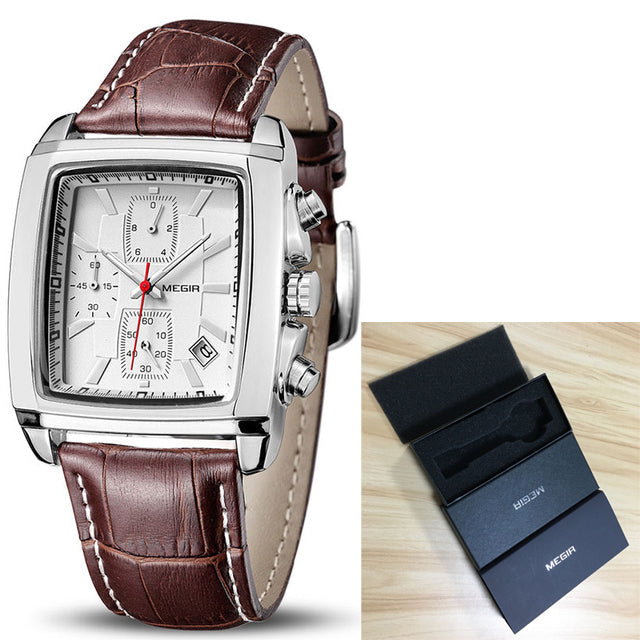 MEGIR Men Watch Top Brand Luxury Rectangle Quartz Military Watches Waterproof Luminous Leather Chronograph Wristwatch Men Clock