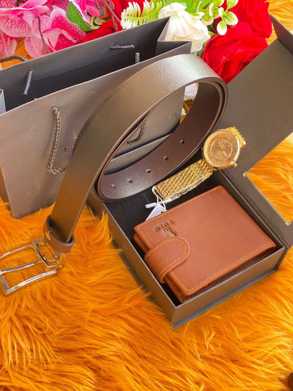 GENTS GIFT SET OF A WATCH, A WALLET AND A BELT ALL PACKED (Kindly choose items to include from the variance)