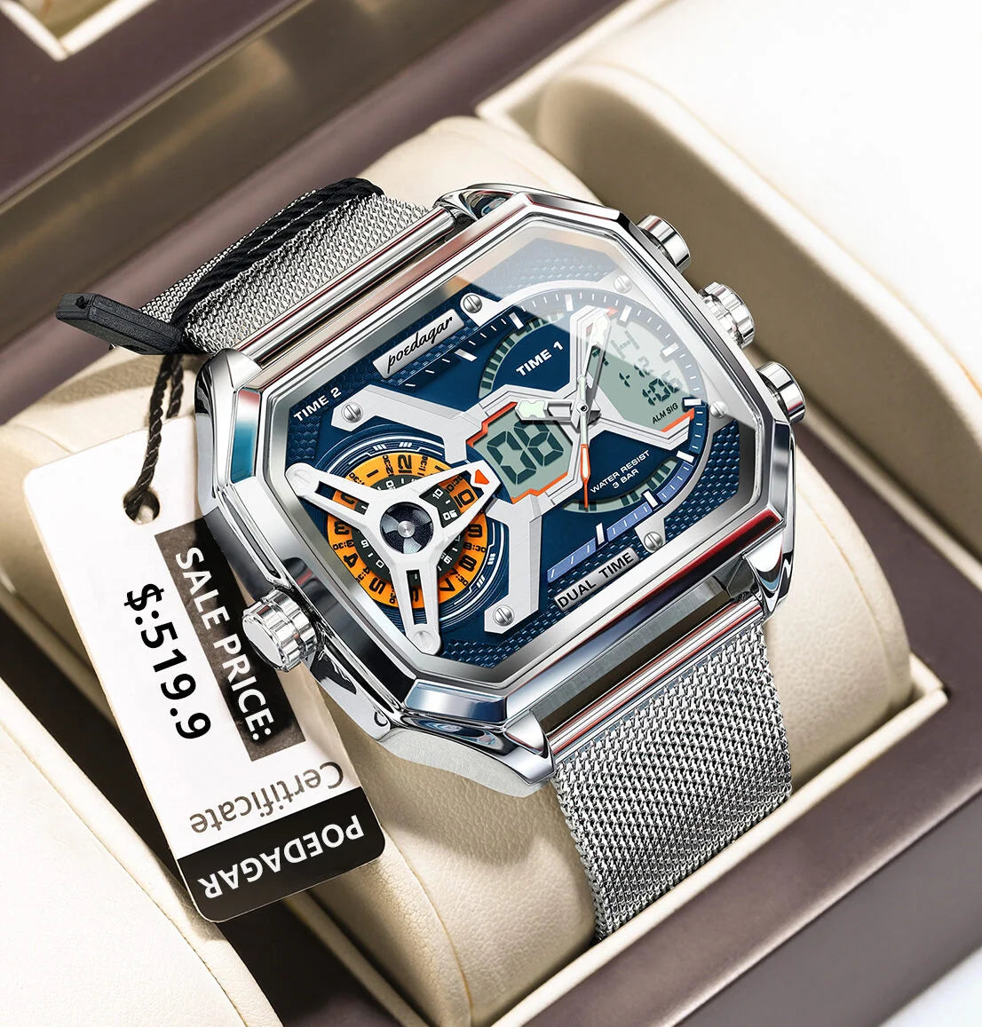 Poedagar E106 Dual time Hybrid watch