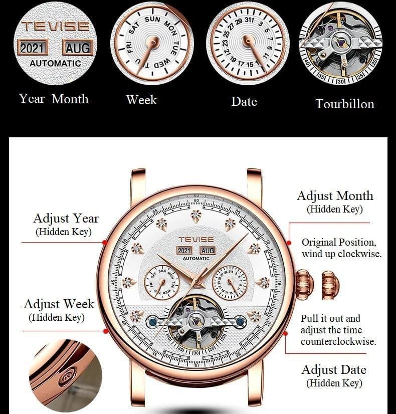 TEVISE 2021 NEW Men Mechanical Business Watch Luxury Automatic Watch Leather  Waterproof Sports  Wristwatch Perpetual calendar