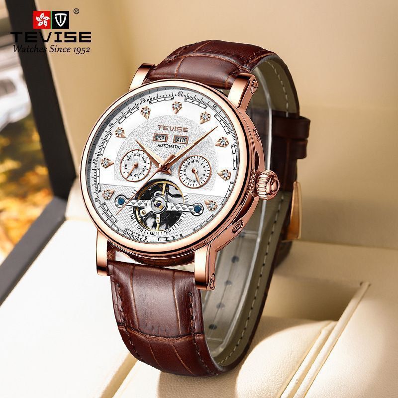 TEVISE 2021 NEW Men Mechanical Business Watch Luxury Automatic Watch Leather  Waterproof Sports  Wristwatch Perpetual calendar