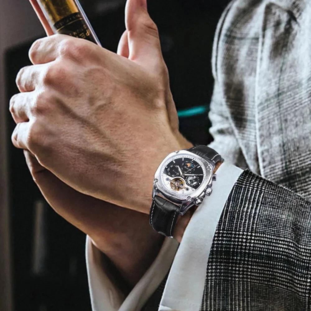Forsining TM338 Automatic Mechanical Men's Watch Leather Strap Tourbilion Week Date Wrist Watch
