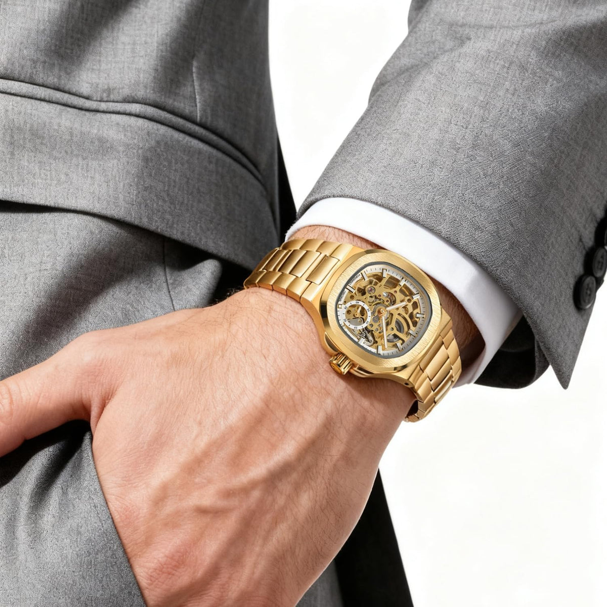 FORSINING Original Kenya .Skeleton Mechanical Watch, Octagonal Case, Automatic Self-Winding Movement, Independent Seconds Dial, Luminous Hands, Men's Luxury Wristwatch