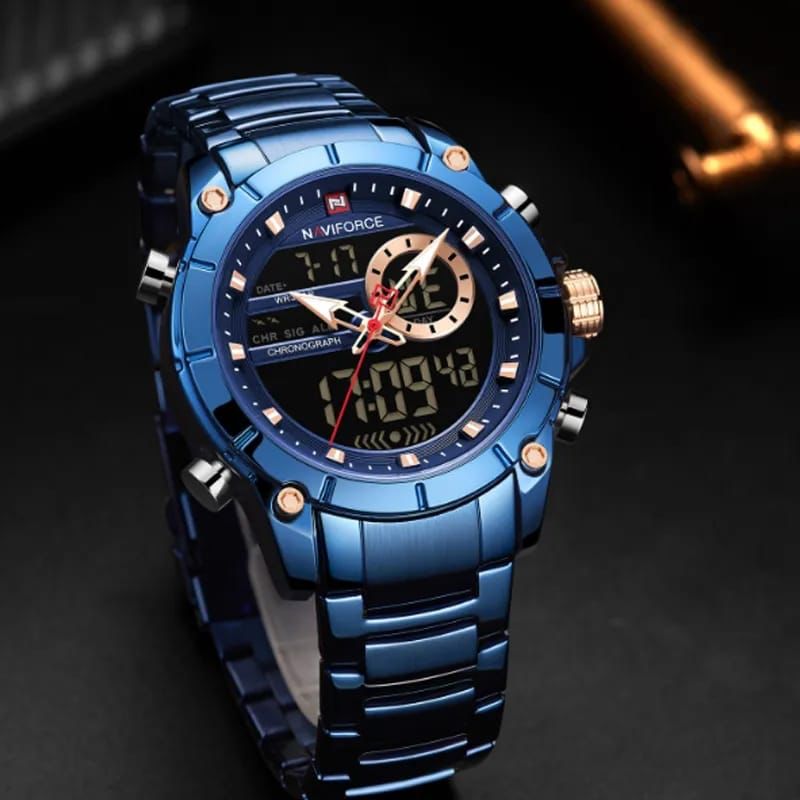 NAVIFORCE Men Military Sport Wrist Watch Gold Quartz Steel Waterproof Dual Display Male Clock Watches Relogio Masculino 9163