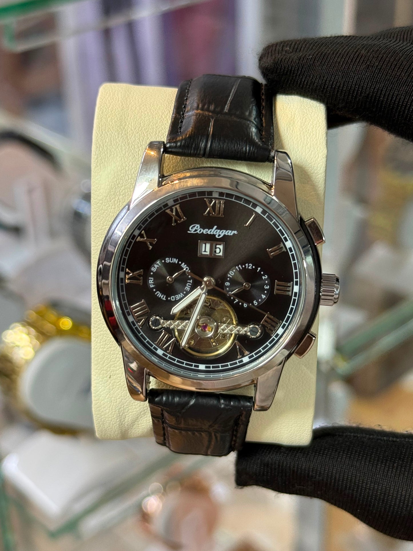 Poedagar 1401 Leather strapped tourbillion mechanical watch