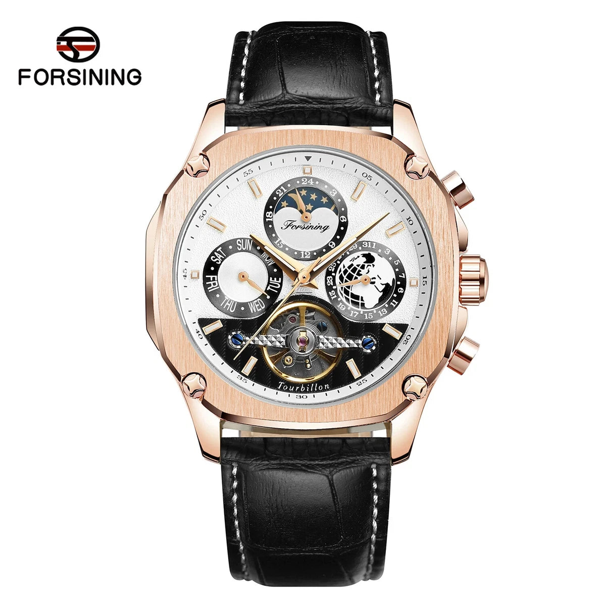 Forsining TM338 Automatic Mechanical Men's Watch Leather Strap Tourbilion Week Date Wrist Watch