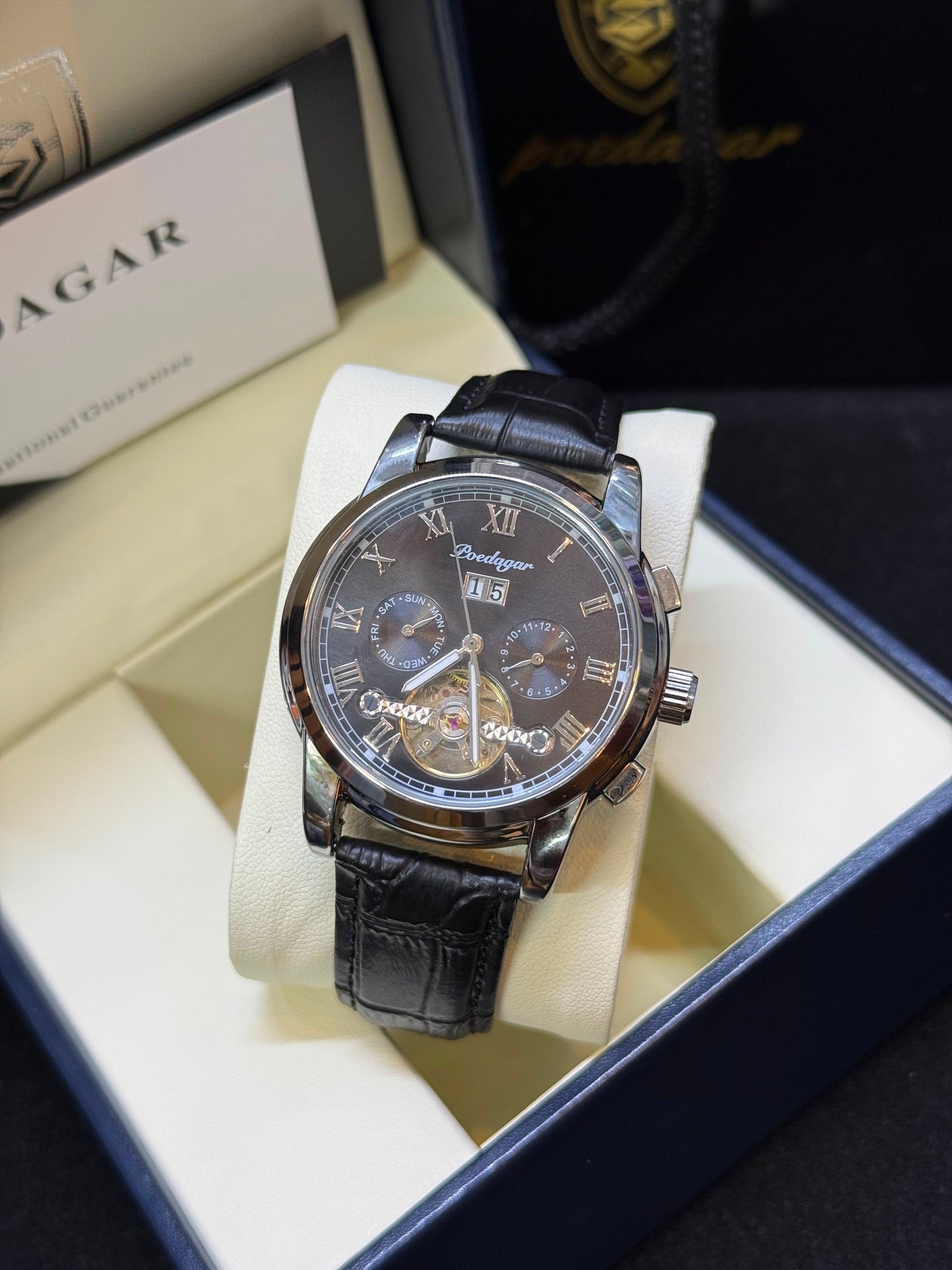 Poedagar 1401 Leather strapped tourbillion mechanical watch