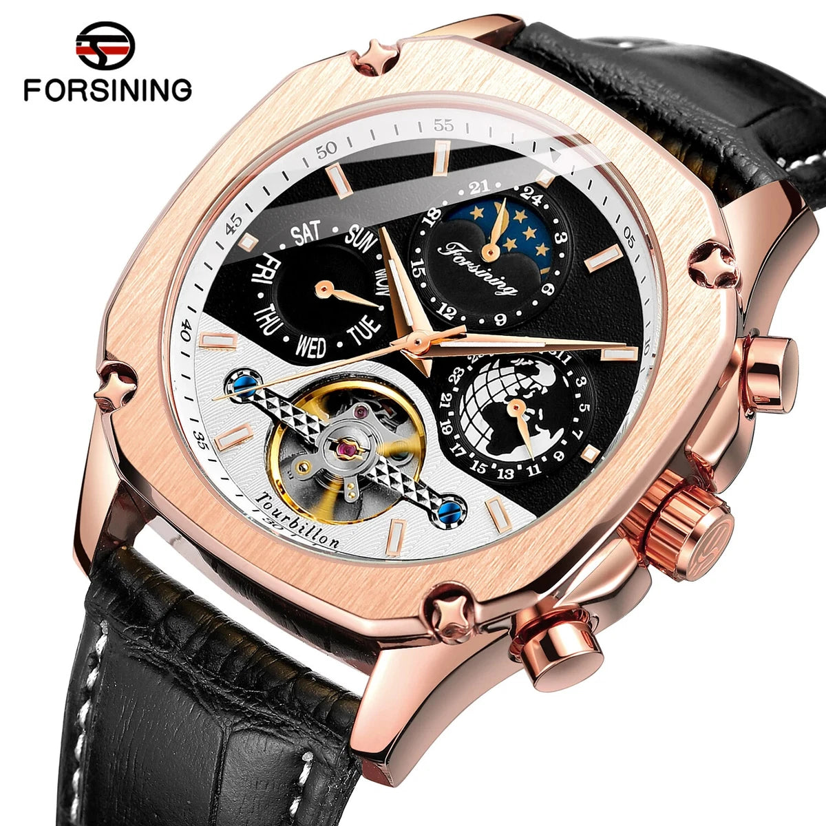 Forsining TM338 Automatic Mechanical Men's Watch Leather Strap Tourbilion Week Date Wrist Watch
