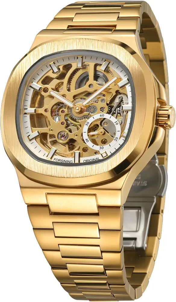 FORSINING Original Kenya .Skeleton Mechanical Watch, Octagonal Case, Automatic Self-Winding Movement, Independent Seconds Dial, Luminous Hands, Men's Luxury Wristwatch