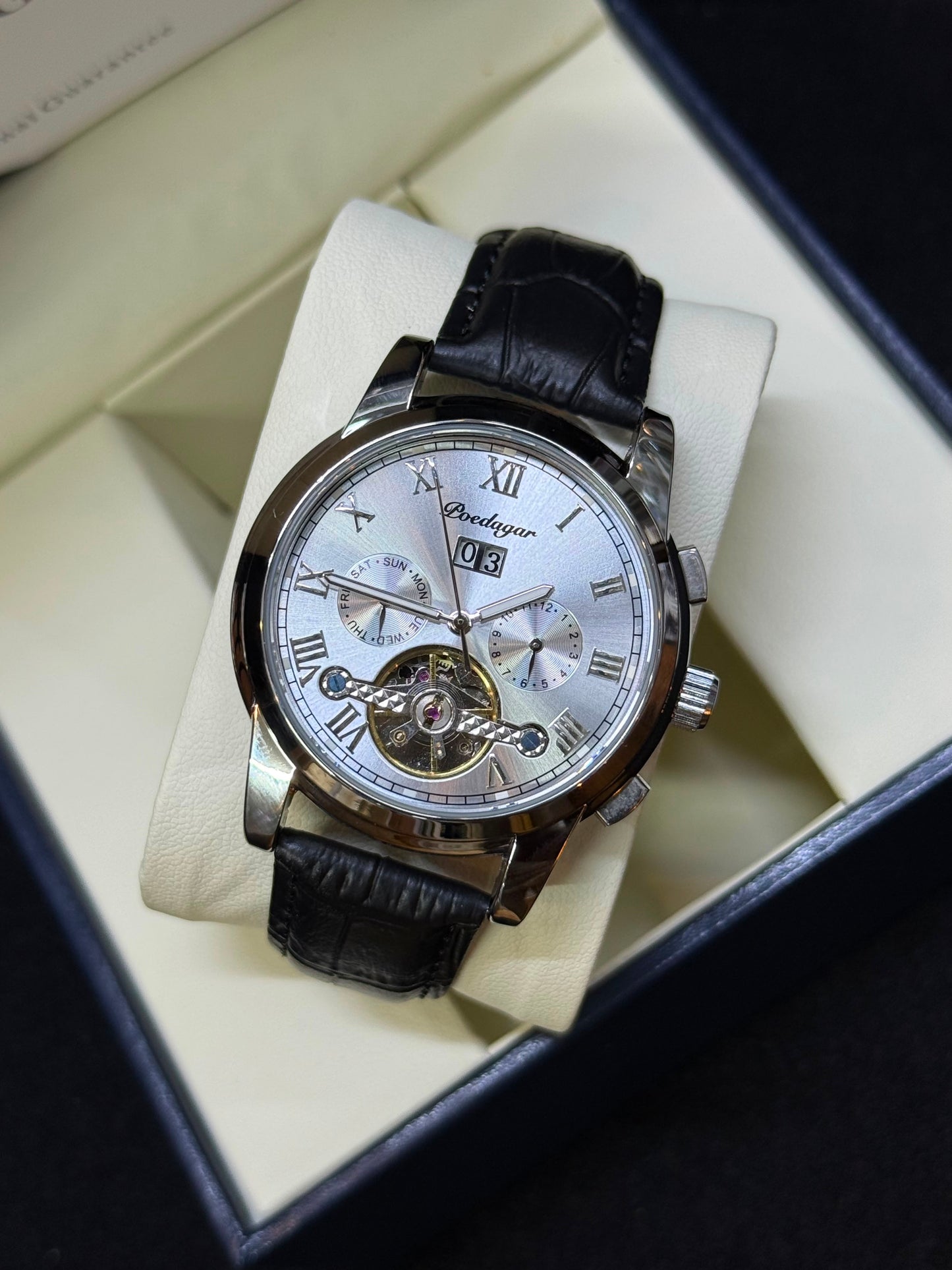 Poedagar 1401 Leather strapped tourbillion mechanical watch
