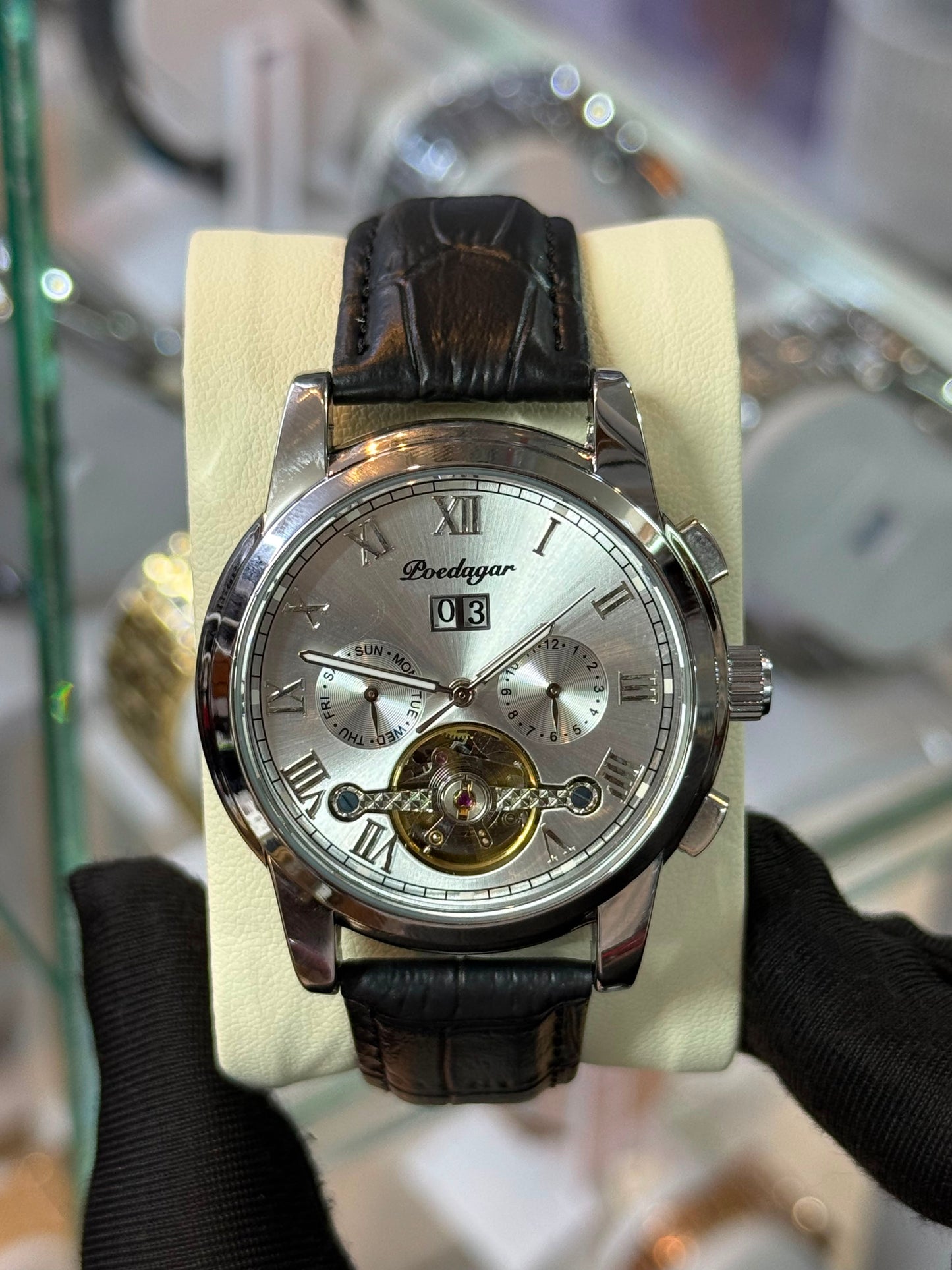 Poedagar 1401 Leather strapped tourbillion mechanical watch