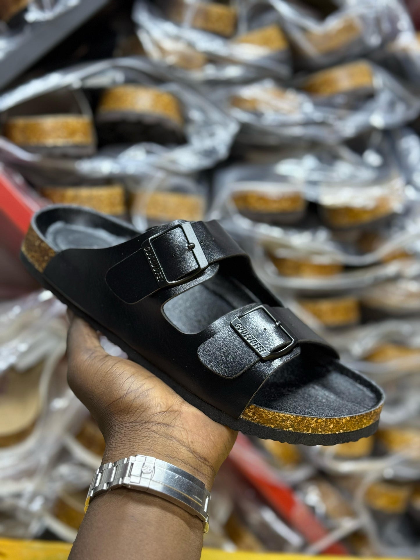 DOUBLE BUCKLE CORK SANDALS