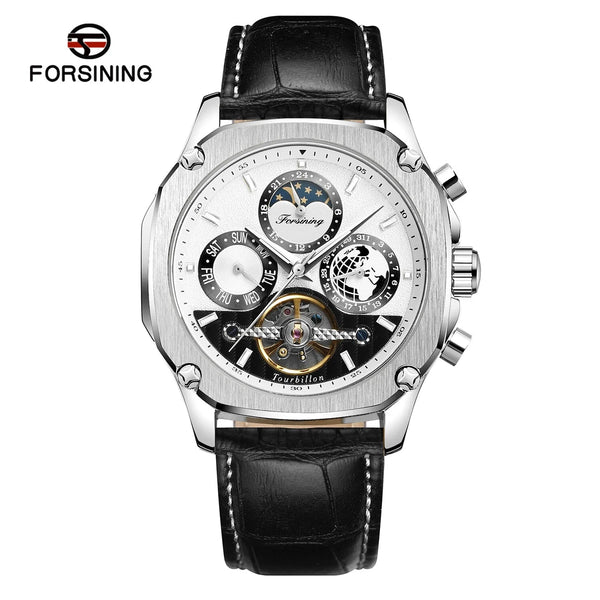 Forsining TM338 Automatic Mechanical Men's Watch Leather Strap Tourbilion Week Date Wrist Watch