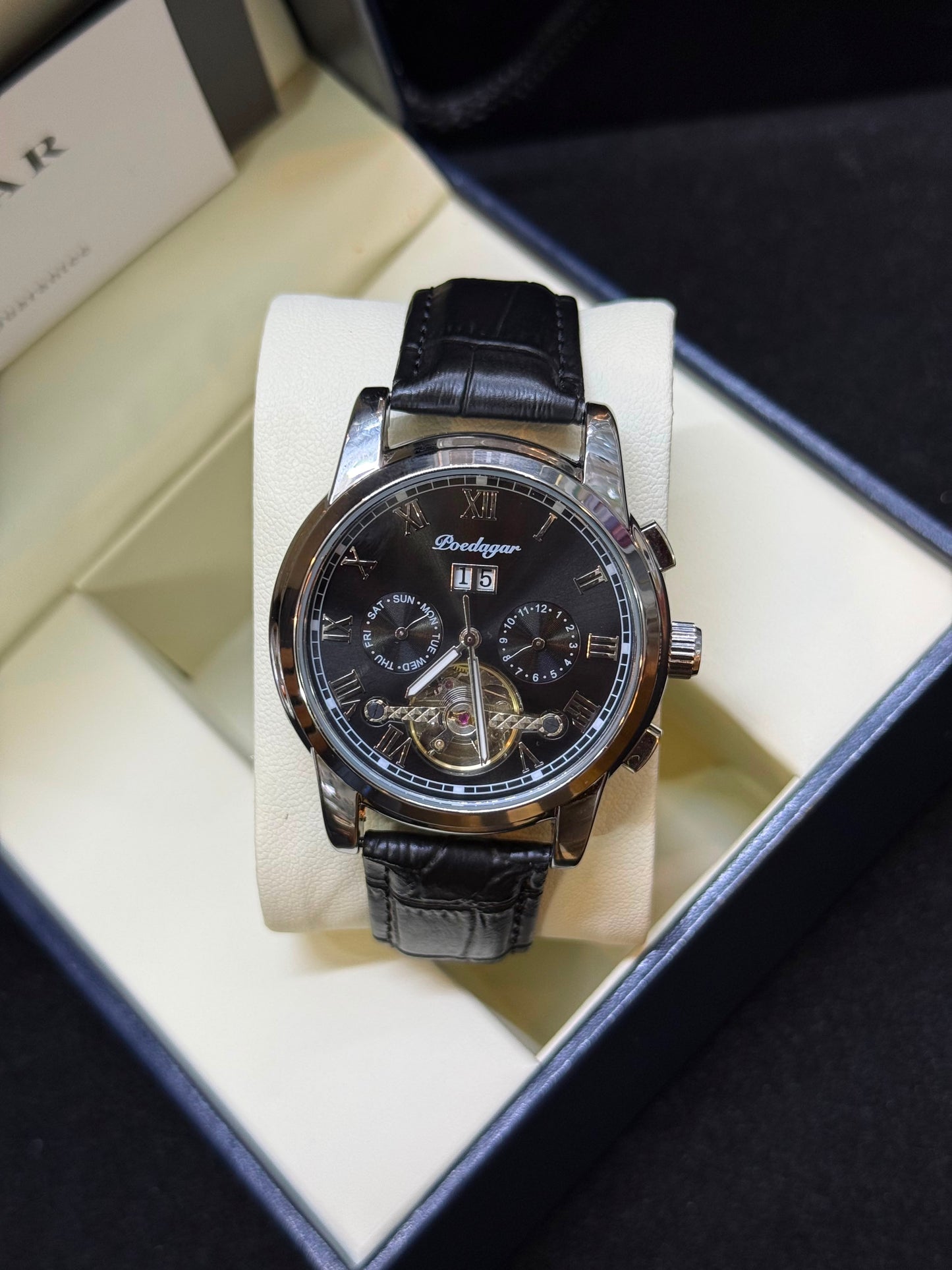 Poedagar 1401 Leather strapped tourbillion mechanical watch