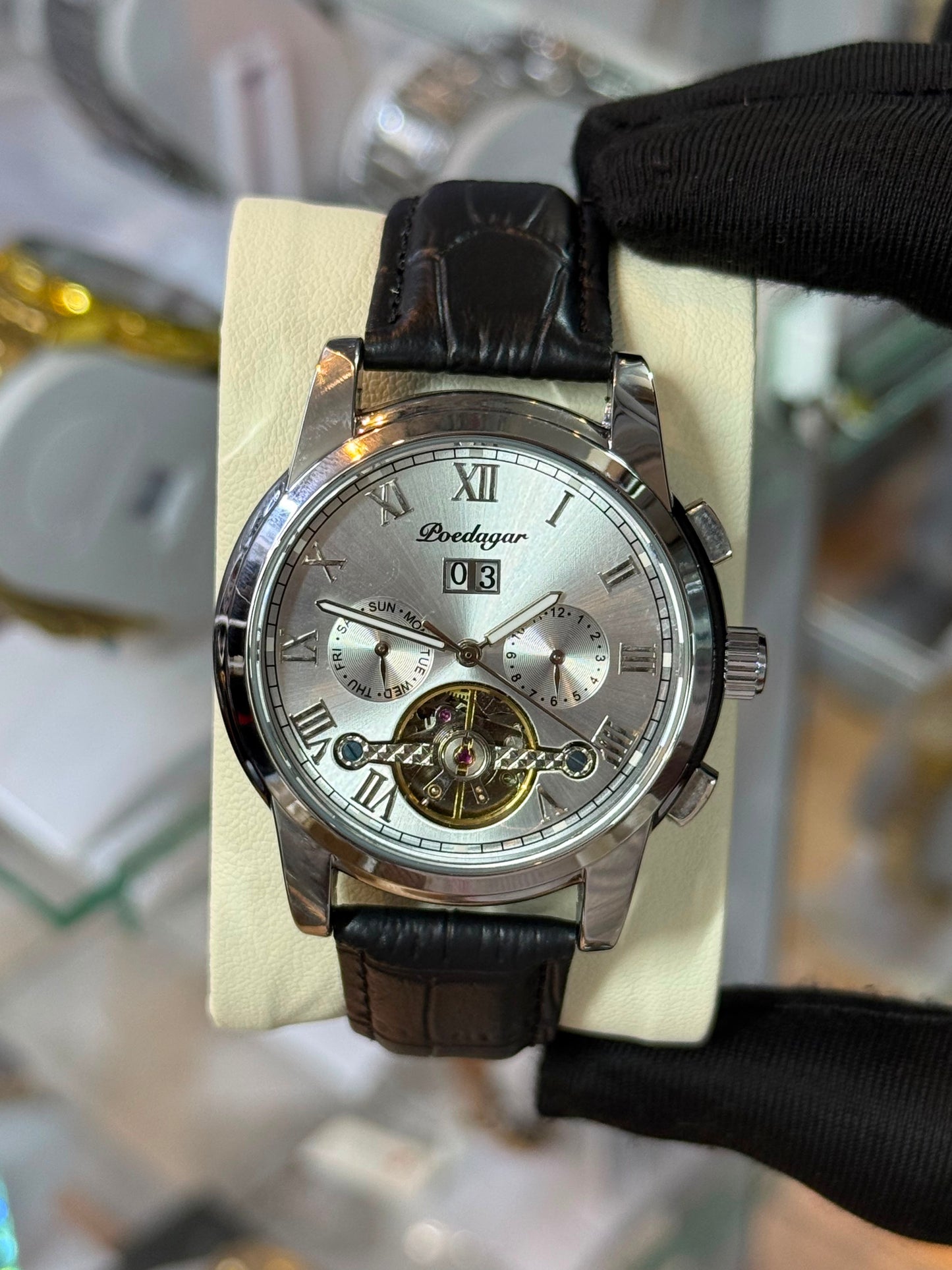 Poedagar 1401 Leather strapped tourbillion mechanical watch