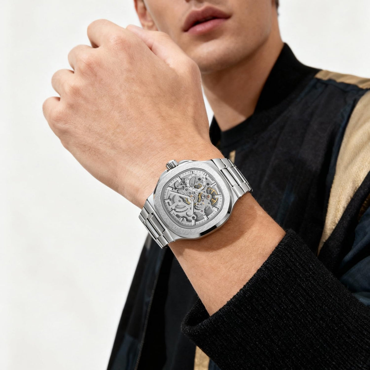FORSINING Original Kenya .Skeleton Mechanical Watch, Octagonal Case, Automatic Self-Winding Movement, Independent Seconds Dial, Luminous Hands, Men's Luxury Wristwatch