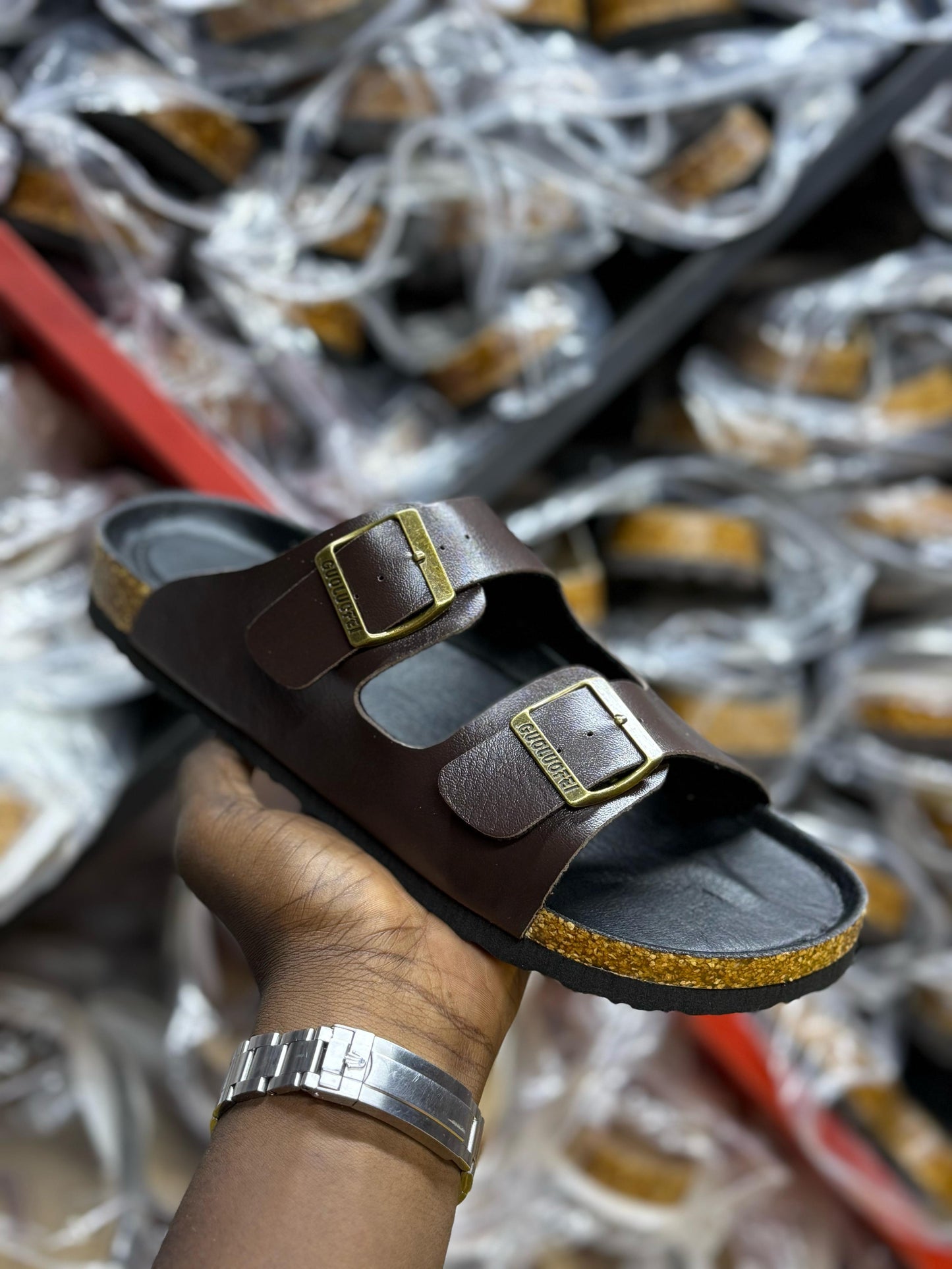 DOUBLE BUCKLE CORK SANDALS