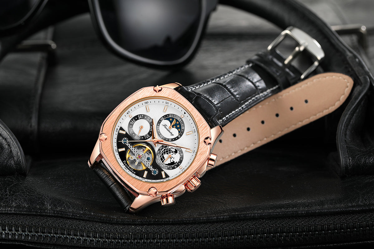 Forsining TM338 Automatic Mechanical Men's Watch Leather Strap Tourbilion Week Date Wrist Watch