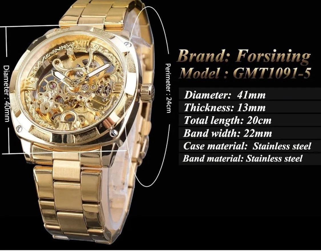 FORSINING GMT1091-5 Gold Skeleton Dial Automatic Men's Watch 41mm Bracelet